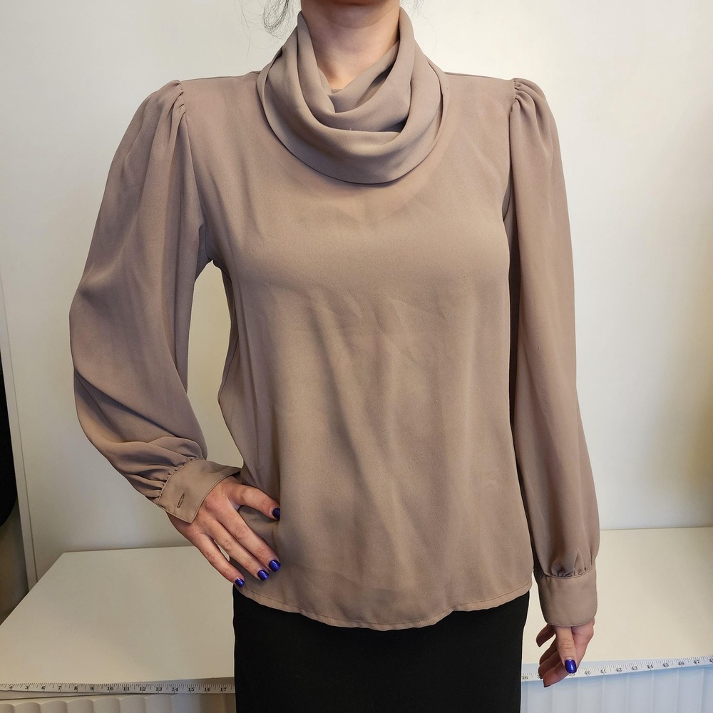 M Taupe High Neck Long‎ Sleeve Chiffon Blouse, Size Medium